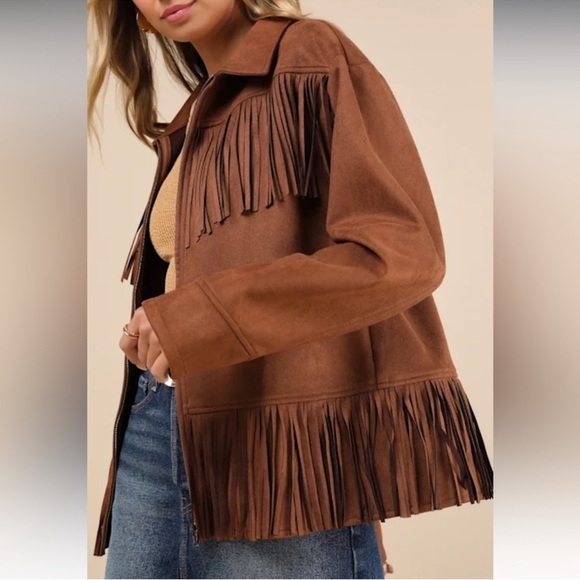 Brown Faux Suede Fringe Jacket - Picture 4 of 6